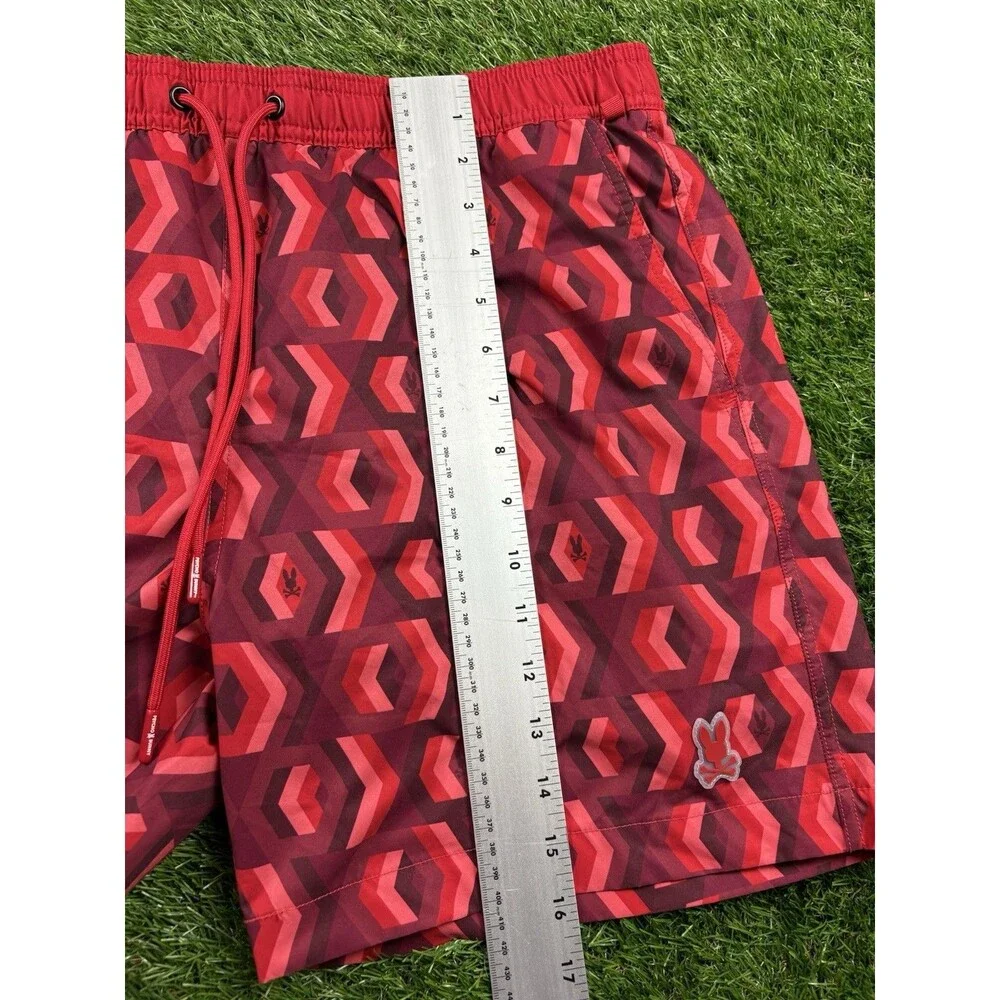 Psycho Bunny Swim Trunks L Geometric Print Red Black Mesh Lined